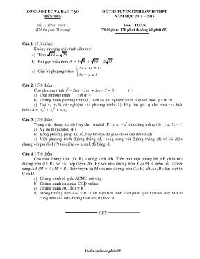 Ðề thi tuyển sinh lớp 10 THPT Bến Tre năm học 2015 2016 môn Toán